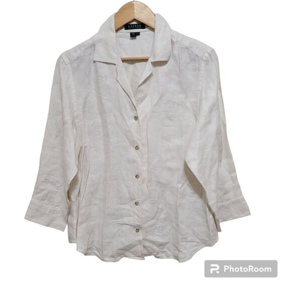 Lauren Ralph Lauren Womens Button Down Collared Linen Tan Size L - Picture 1 of 8